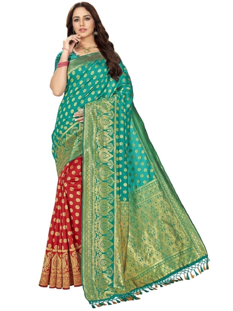 

MotiHamir Sea Green & Red Floral Zari Silk Blend Half and Half Banarasi Saree