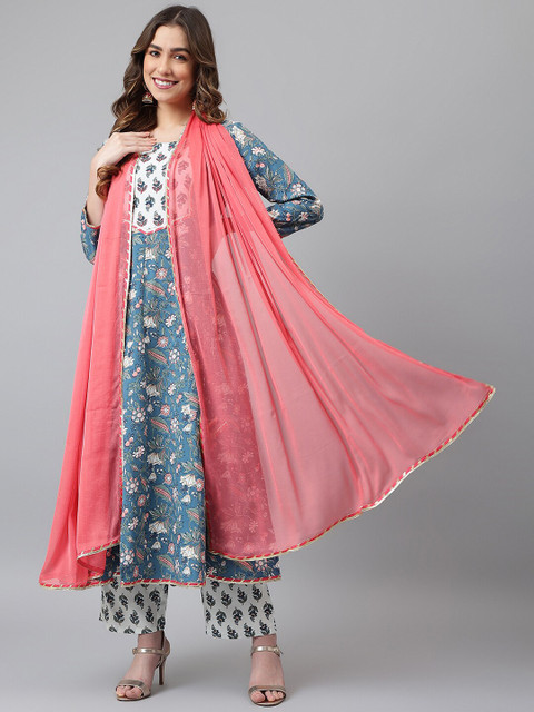 

Khushal K Women Blue Floral Printed Kurta with Palazzos & With Dupatta