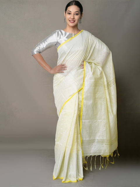 

Unnati Silks Yellow & Gold-Toned Woven Design Silk Cotton Jamdani Saree