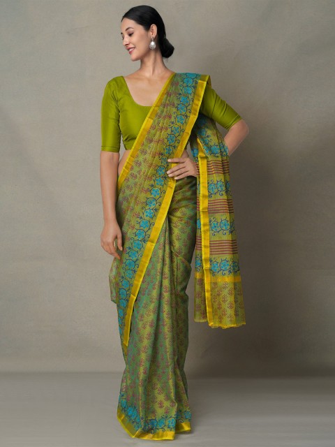 

Unnati Silks Green & Yellow Hand Block Ethnic Motifs Zari Pure Silk Kota Saree