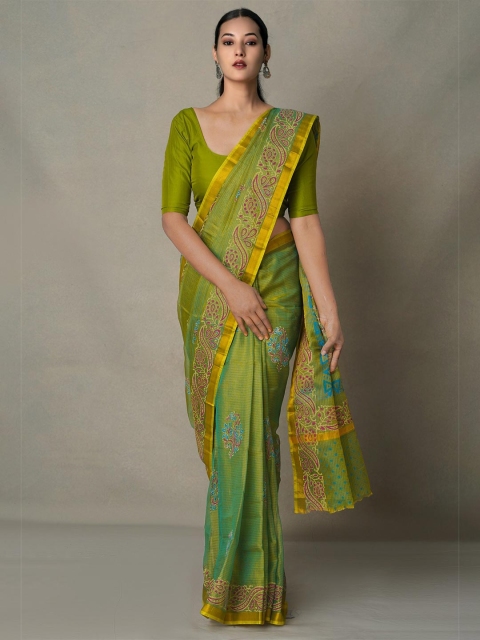 

Unnati Silks Green & Gold-Toned Ethnic Motifs Zari Pure Silk Kota Saree