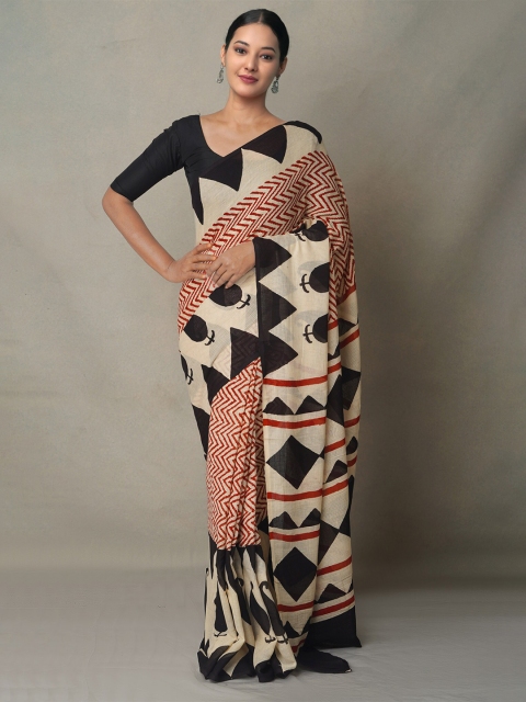 

Unnati Silks Cream & Black Pure Cotton Bagru Saree
