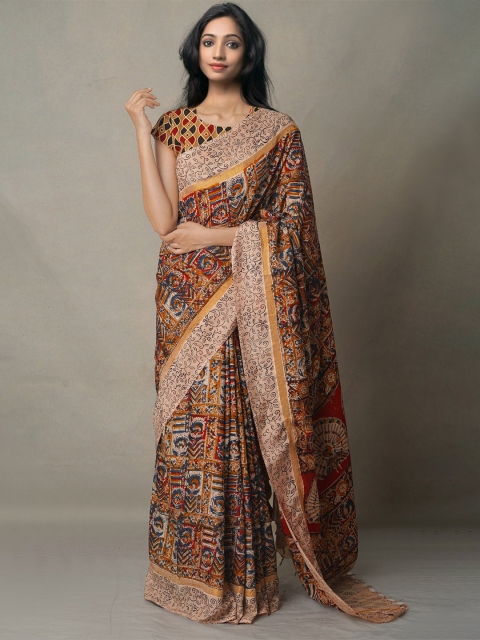 

Unnati Silks Beige & Mustard Kalamkari Pure Silk Block Print Saree