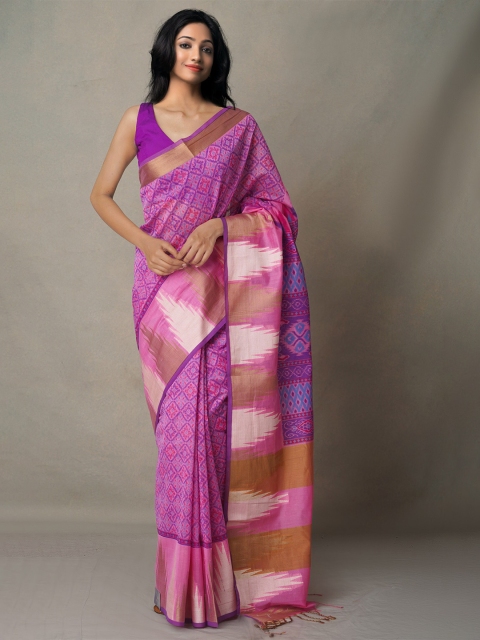 

Unnati Silks Pink & Blue Ethnic Motifs Zari Silk Cotton Baluchari Saree