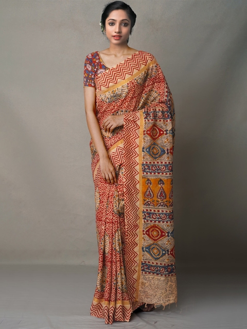 

Unnati Silks Beige & Blue Kalamkari Pure Silk Block Print Saree