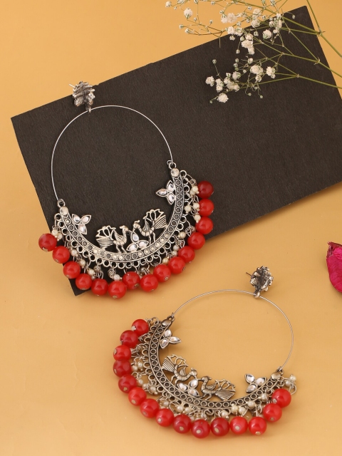 

kashwini Red & Silver-Toned Contemporary Silver-Plated Large Hoop Earrings