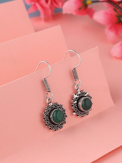 

kashwini Silver-Plated & Green Contemporary Drop Earrings