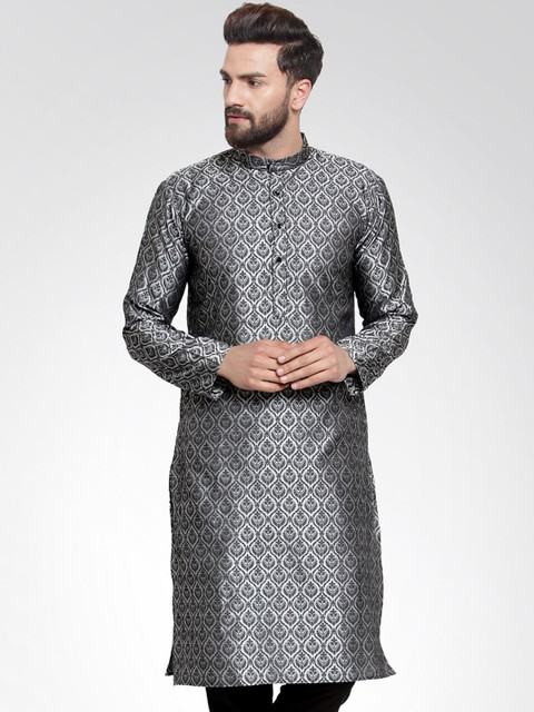

Jompers Men Silver-Toned Printed Thread Work Jacquard Kurta