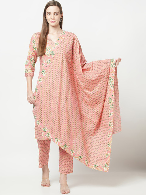 

ERISHA Women Peach-Coloured Pleated Pure Cotton Kurta with Trousers & With Dupatta