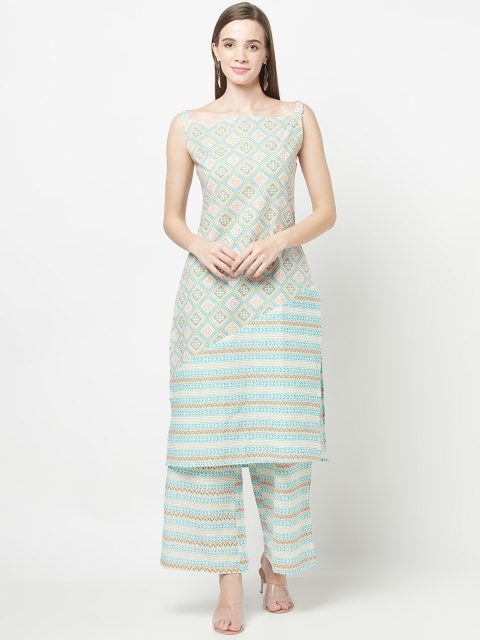 

ERISHA Women Blue Striped Panelled Pure Cotton Kurti with Palazzos & With Dupatta