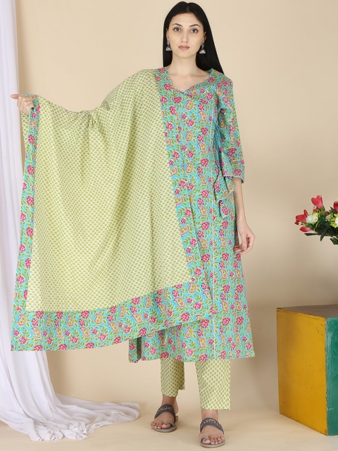 

ERISHA Women Sea Green Floral Printed Pure Cotton Kurta with Palazzos & With Dupatta