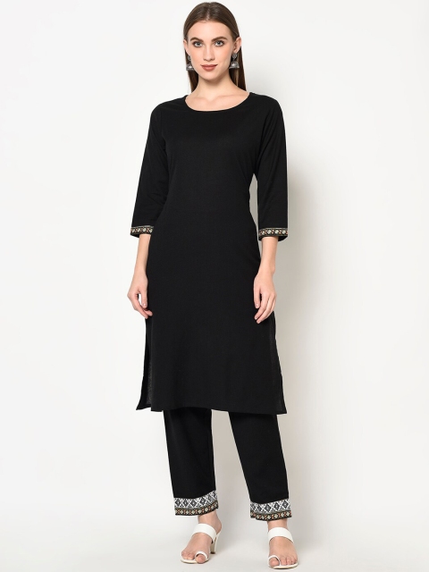 

ERISHA Women Black Solid Kurta with Trousers and Geometric printed Jacket