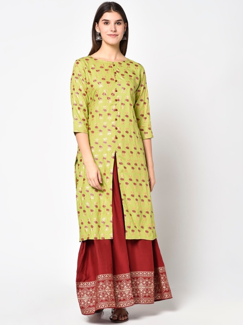 

ERISHA Women Lime Green Ethnic Motifs Printed Kurta with Skirt