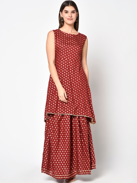 

ERISHA Women Maroon Printed Panelled Kurti with Skirt