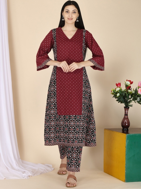 

ERISHA Women Maroon Ethnic Motifs Printed Pure Cotton Kurta with Trousers