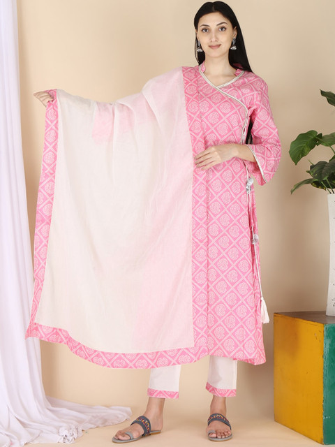 

ERISHA Pink & White Bandhani Printed Angrakha Pure Cotton Kurta with Trousers & Dupatta