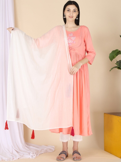 

ERISHA Women Peach-Coloured Floral Thread Work Viscose Rayon Floral Kurta