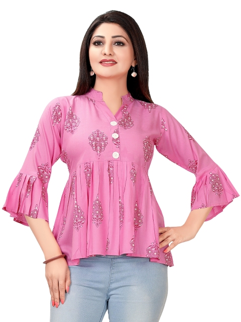 

Ayukti Pink Viscose Rayon Mandarin Collar Floral Printed Tunic