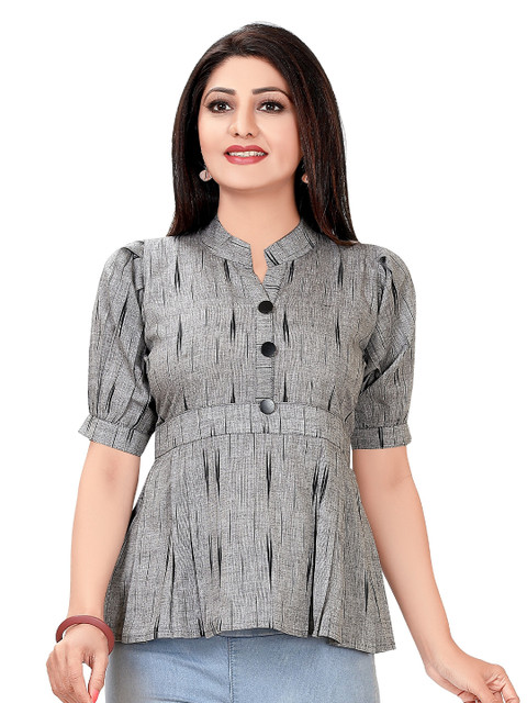 

Ayukti Grey & Black Mandarin Collar Cotton Ikkat Printed with Puffed Sleeves Tunic