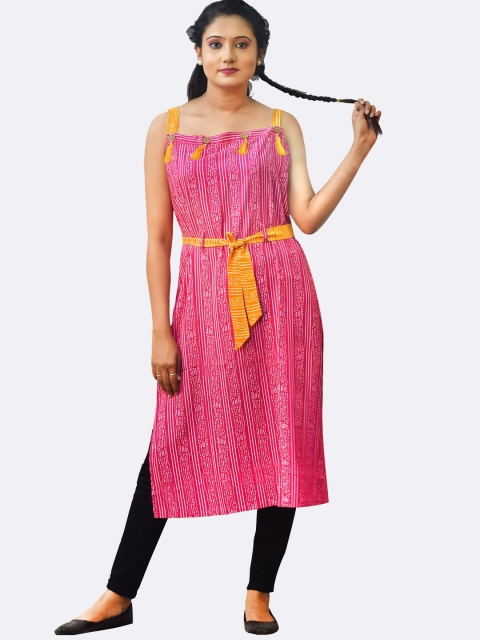 

KALINI Women Pink & Yellow Geometric Printed Straight Kurta
