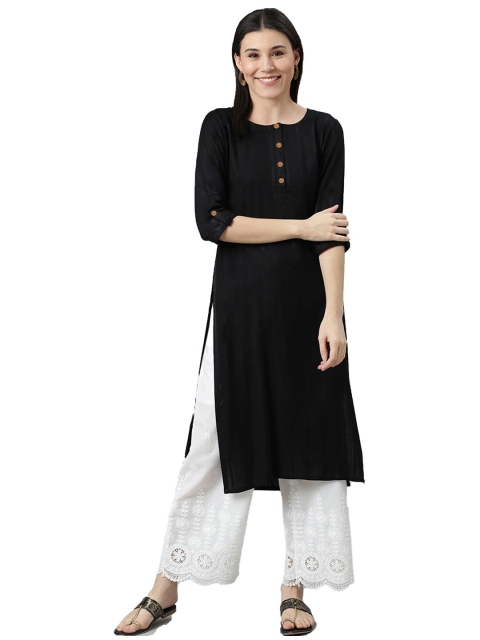 

KALINI Women Black Solid Round Neck Straight Kurta