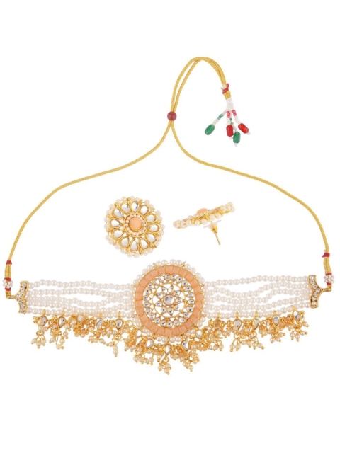 

Efulgenz Gold-Plated & Peach Pearl Beaded Choker Jewellery Set