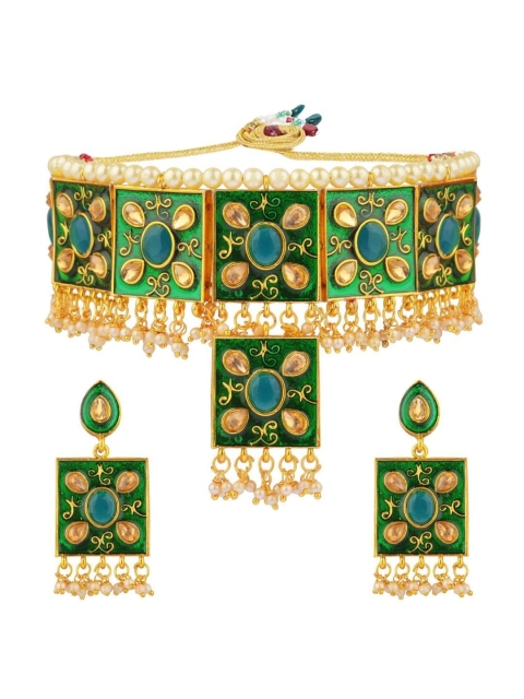 

Efulgenz Green & Gold-Plated Kundan Studded Choker Jewellery Set