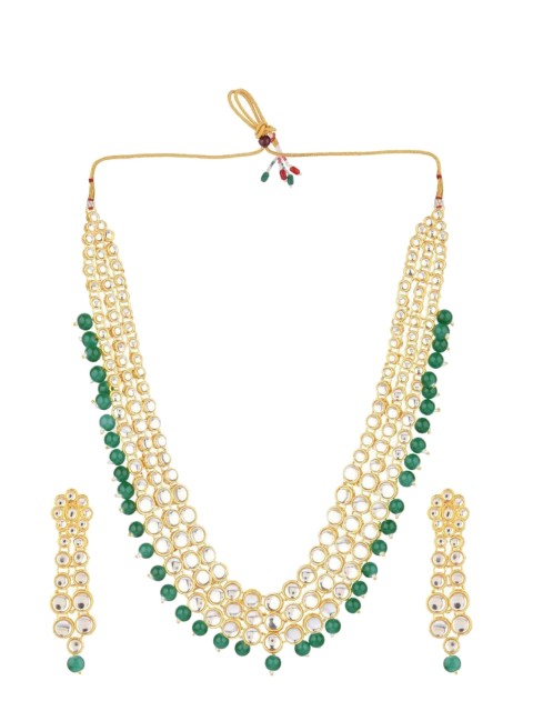 

Efulgenz Gold-Plated Green & White Kundan Studded Beaded Layered Jewellery Set