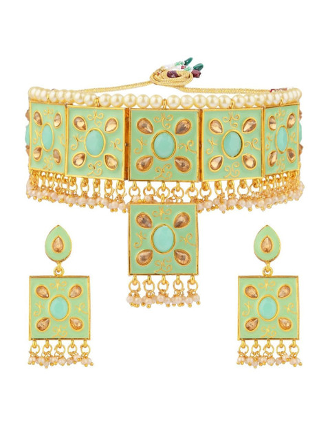 

Efulgenz Gold-Plated Lime Green Kundan Studded Enamelled Jewellery Set