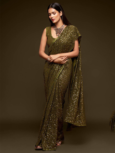 

FABPIXEL Olive Green Embellished Sequinned Pure Georgette Saree