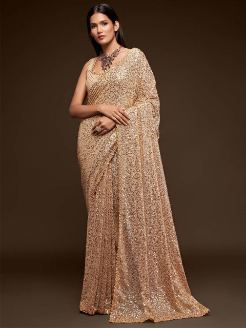 

FABPIXEL Beige Embellished Sequinned Pure Georgette Saree