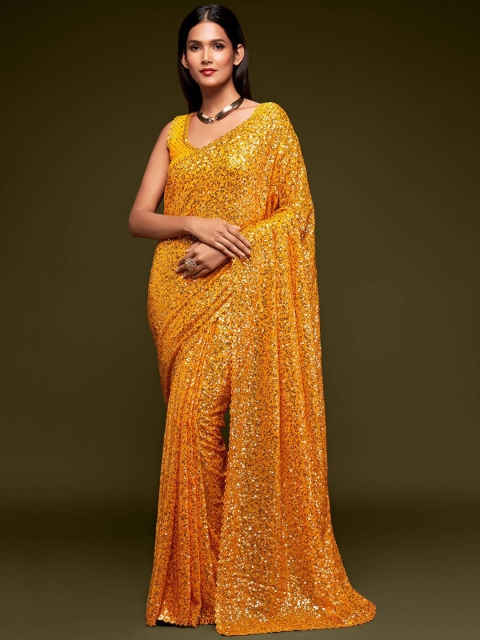 

FABPIXEL Yellow Embellished Sequinned Pure Georgette Saree
