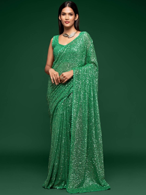 

FABPIXEL Green Embellished Sequinned Pure Georgette Saree