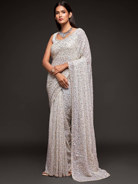 

FABPIXEL Women Pearl White Embellished Sequined Pure Georgette Saree with Blouse
