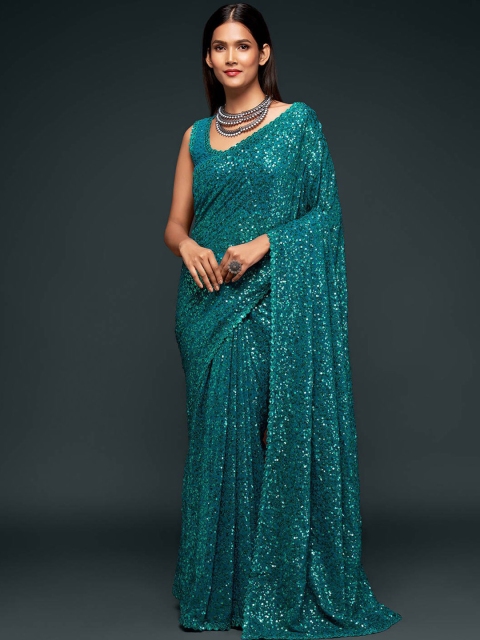 

FABPIXEL Teal Embellished Sequinned Pure Georgette Saree