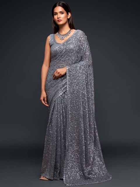 

FABPIXEL Grey Embellished Sequinned Pure Georgette Saree