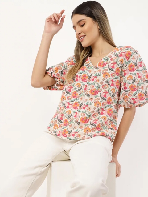 

Marks & Spencer Cream-Coloured Floral Print Linen Top