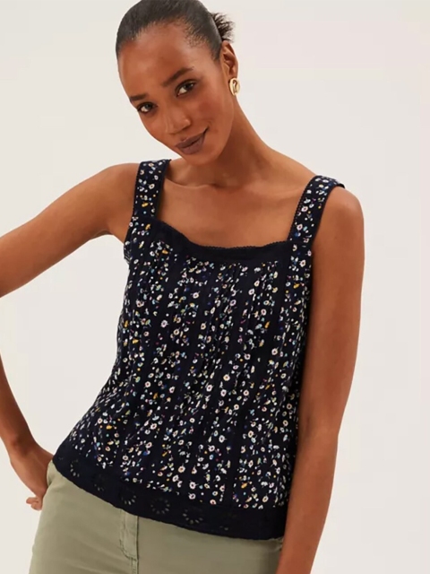 

Marks & Spencer Navy Blue Floral Print Pure Cotton Top