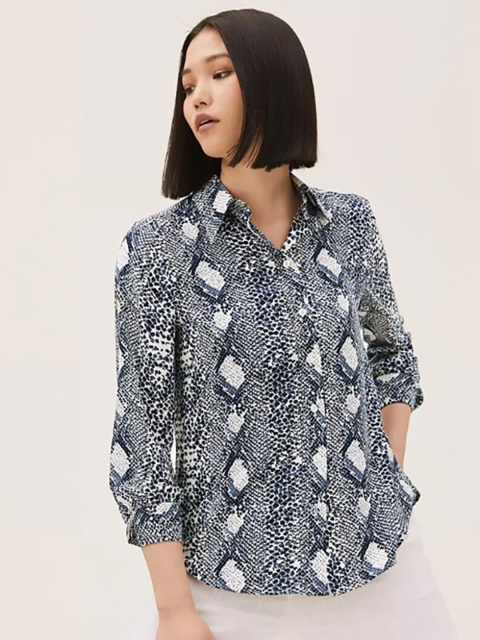 

Marks & Spencer Navy Blue & White Print Shirt Style Top
