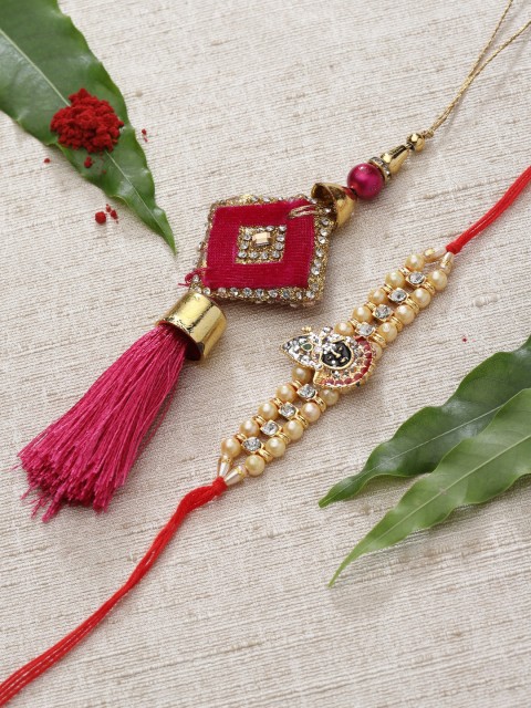 

PANASH 2 Pieces Gold Toned Beaded Thread Rakhi Lumba Set