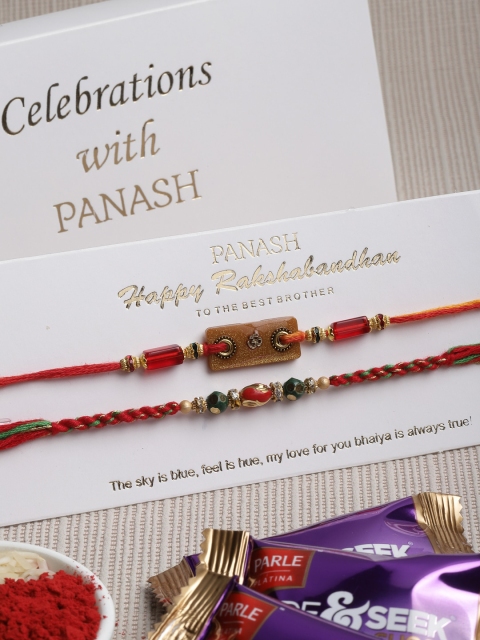 

PANASH Set of 2 Red Beaded Rakhi with Roli Chawal & Card & Chocolate