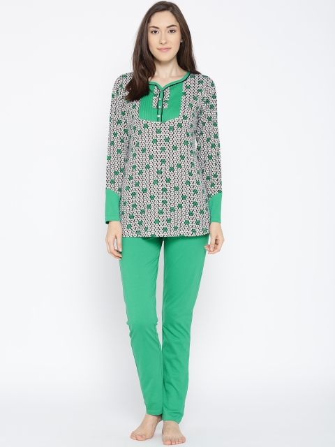 

Sweet Dreams White & Green Printed Night suit