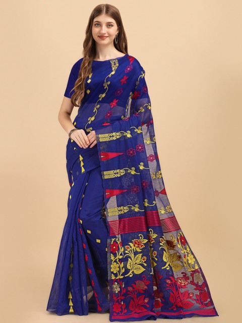 

Fashion Booms Blue & Red Woven Design Pure Cotton Jamdani Saree
