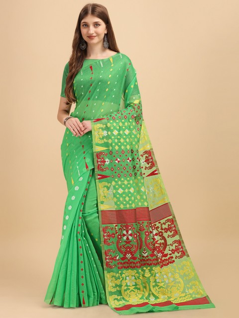 

Fashion Booms Green & Brown Woven Design Pure Cotton Jamdani Saree