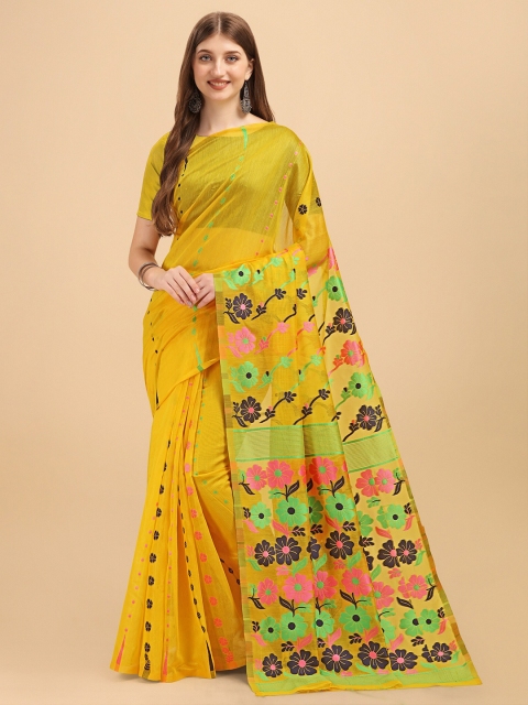 

Fashion Booms Yellow & Green Woven Design Pure Cotton Jamdani Saree