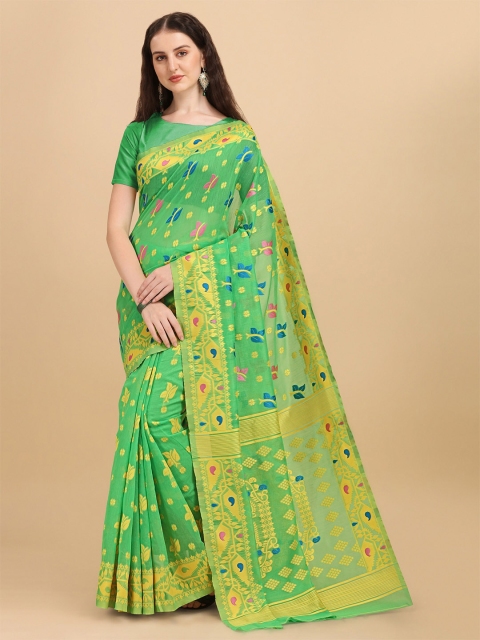 

Fashion Booms Green & Yellow Woven Design Pure Cotton Jamdani Saree