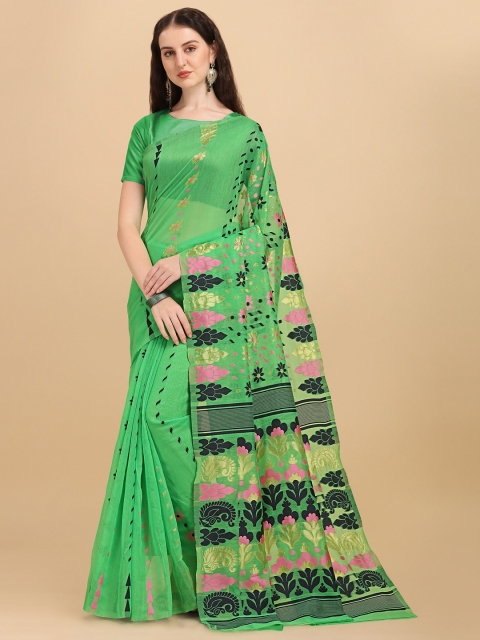 

Fashion Booms Multicoloured & Black Woven Design Pure Cotton Jamdani Saree, Green