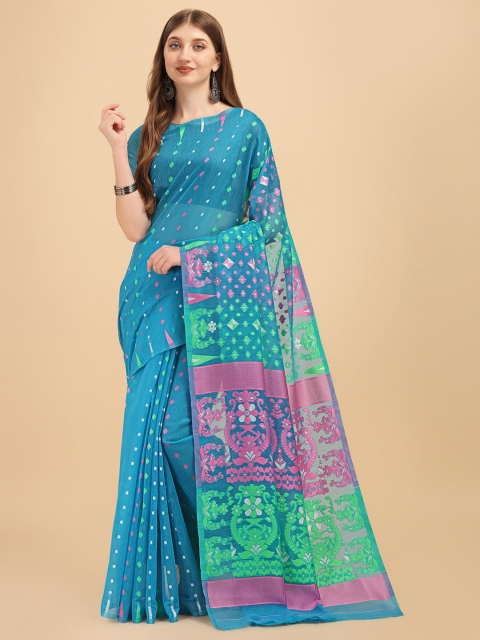 

Fashion Booms Blue & Pink Woven Design Pure Cotton Jamdani Saree