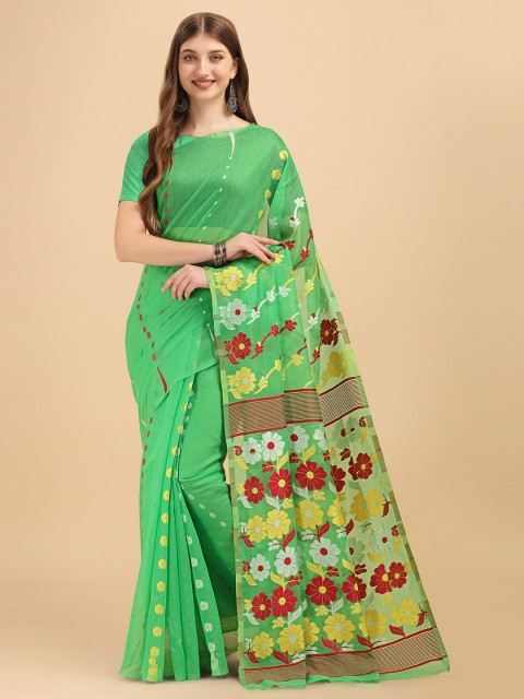 

Fashion Booms Green & Red Woven Design Pure Cotton Jamdani Saree