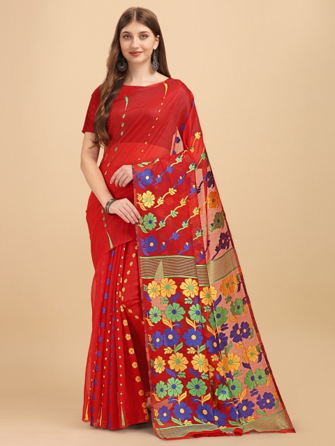 

Fashion Booms Red & Blue Woven Design Pure Cotton Jamdani Saree